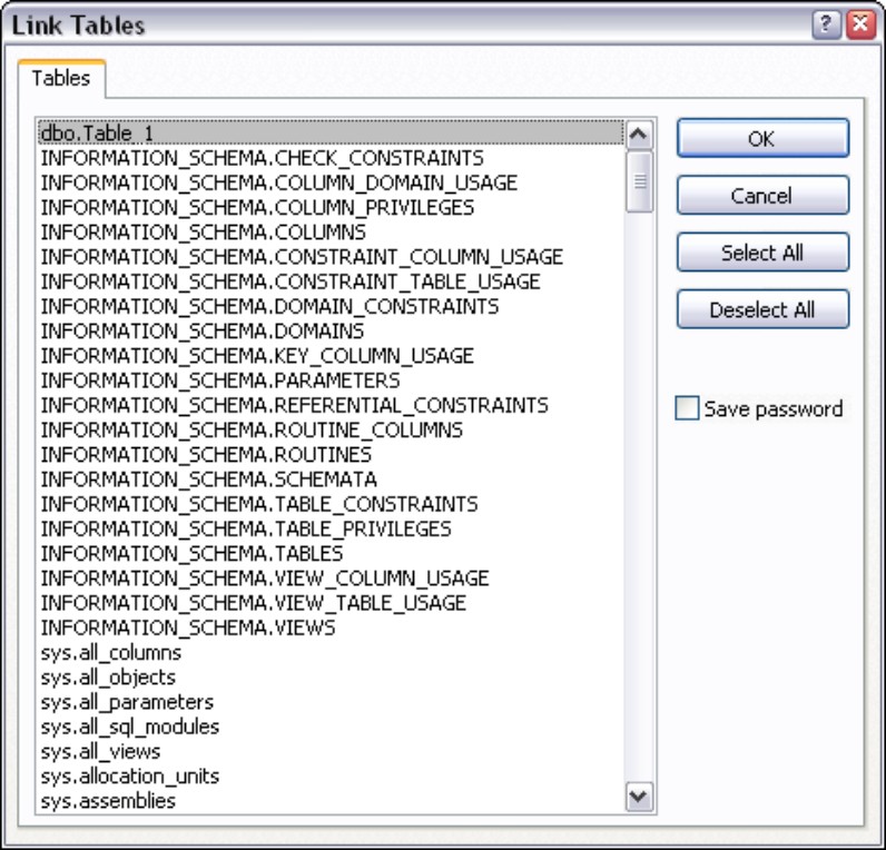 Selecting tables from a SQL Server database